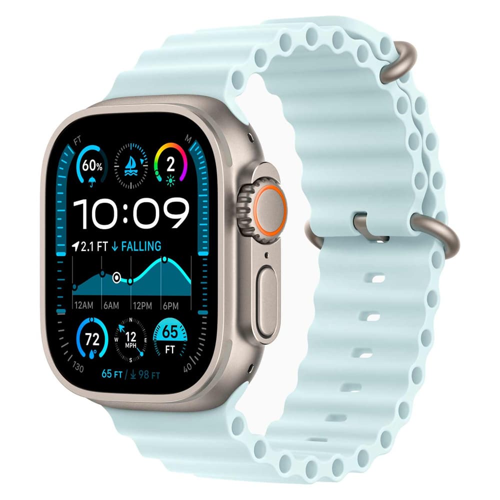 Apple Watch Ultra MYT03LW Double Tap Gesture Sirena 86DB Pulseira Ocean Band Iceblue Case Natural Titanio