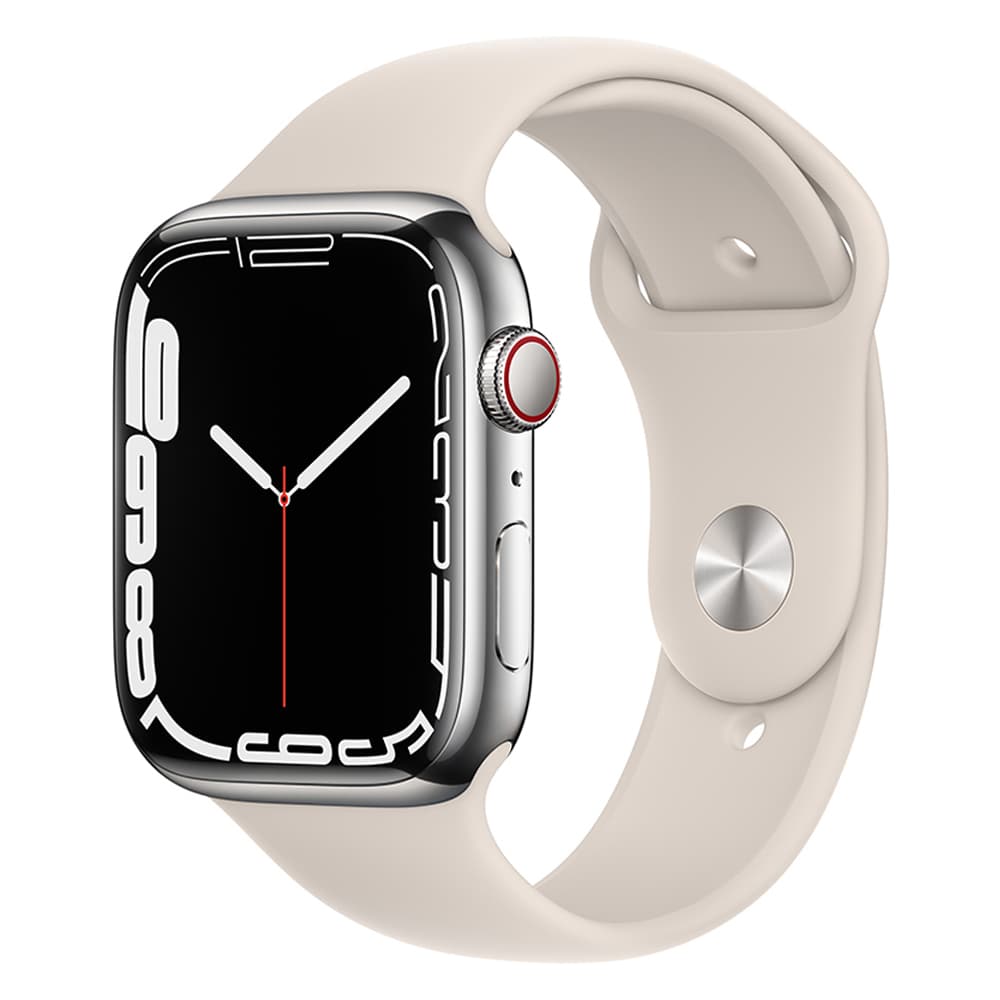 Apple Watch S7 MKJV3BE Gps Celullar Pulseira Sport Band Stainless Steel Case Starlight Prata