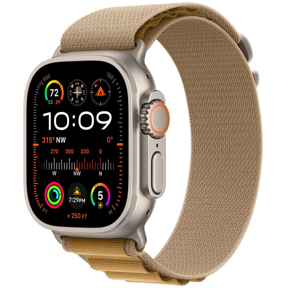 Apple Watch Ultra Double Tap Gesture Sirena 86DB Pulseira Alpine Loop Tan Case Natural Titanio