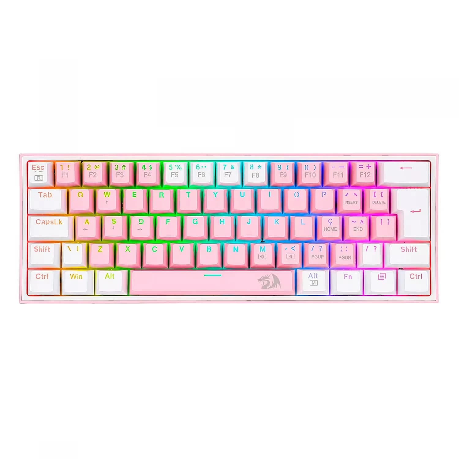Redragon Teclado Gamer Redragon Fizz Rainbow K617-RGB-PW Switch Azul Layout 60% - Rosa Branco