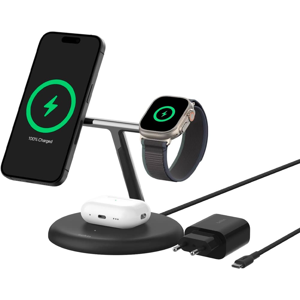 Apple Carregador Wireless Belkin WIZ023vfBK 3-IN-1 15W Magsafe Qi2 Stand iPhone-Watch-Airpod 15W Preto