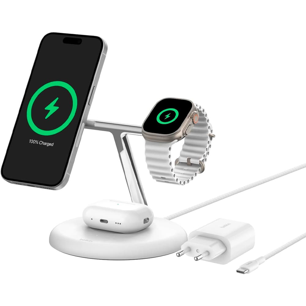 Apple Carregador Wireless Belkin WIZ023vfWH 3-IN-1 15W Magsafe Qi2 Stand iPhone-Watch-Airpod 15W Branco