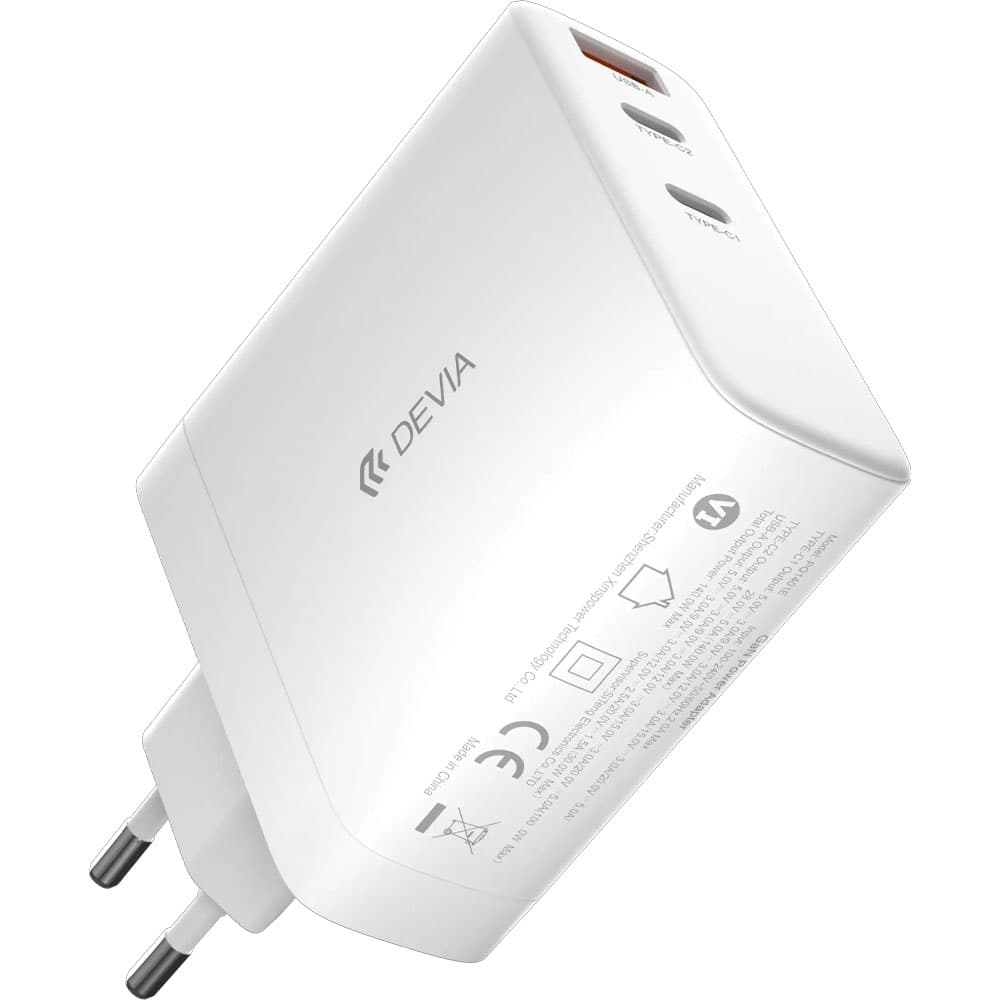 Cargador Devia PQ1401E 140W Fuente 3 Puertos USB/USB-C - Blanco