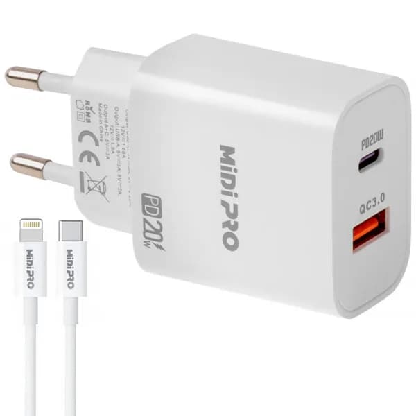 Carregador MIDI PRO MDP-20WD USB USB-C de 20 watts + Cabo Lightning