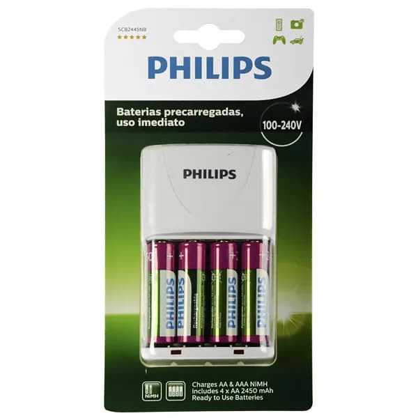 Philips Carregador de Pilhas Philips SCB2445NB 97 Bivolt + 4 Pilhas AA - Branco