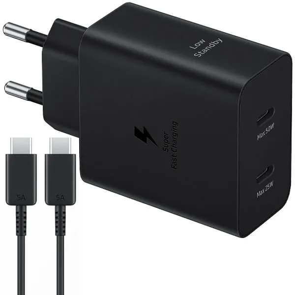Samsung Carregador Samsung 50W Power Adapter Duo EP-T5020XBEGWW 2 USB-C 50 watts + Cabo USB-C