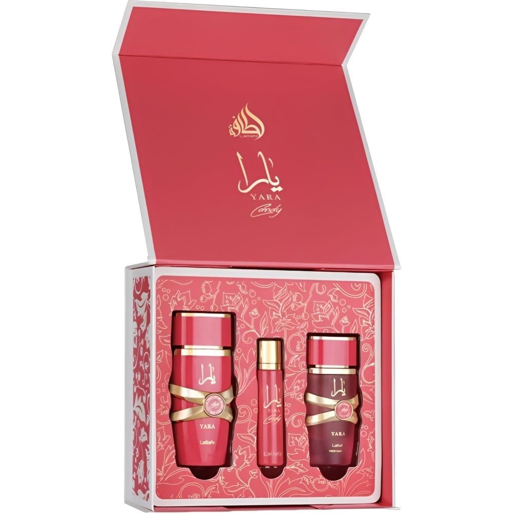 Kit Perfume Lattafa Yara Candy 100Ml/12Ml/Spray Para Cabelo 50Ml - Roma Shopping