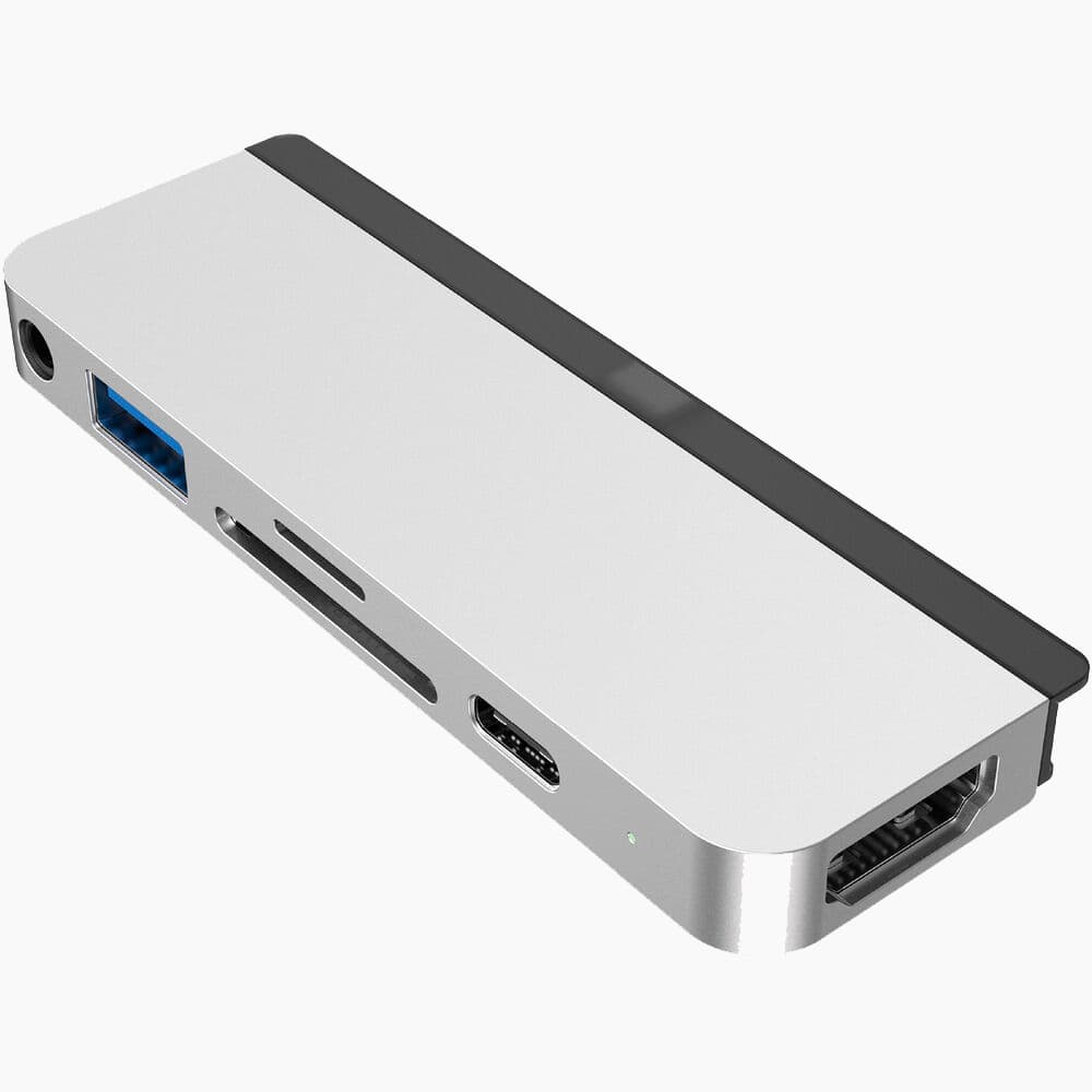 Hub USB-C Hyper HD319B 6 in 1 com HDMI/USB-C/USB 3.0/Mini Jack 3.5 mm/Slot para cartão SD e Micro SD - Prata - Roma Shopping - Seu Destino para Compras no Paraguai